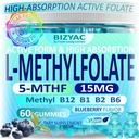 L-MethylFolate 15mg & Methyl B12 Gummies, Methylated B1, B2, B6 Multivitamins - Active 5-MTHF & High Absorption - Folate Metabolism - Vegan Multivitamin - 60 Gummies
