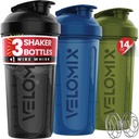 VELOMIX -3 PACK- 14 oz Protein Shaker Bottle for Protein Mixes - 1x Wire Whisk | Leak Proof Shaker Cups for Protein Shakes | Stackable Protein Shaker Bottle Pack | Dishwasher Safe