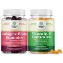 Bundle of Hair Skin and Nails Gummies - Extra Strength Biotin and Collagen 10000mcg per Serving and Chewable Vitamin C Gummies - Halal Ascorbic Acid Immune Booster & Natural Cold Remedy for Adults