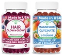 Lunakai USA Made Hair Glow & Grow + Magnesium Glycinate with L-Theanine Gummies Bundle – Naturally Flavored, Non-GMO – 60ct Each