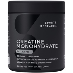 Sports Research Creatine Monohydrate - Κερδίστε Lean Μύες, Βελτιώστε την απόδοση και τη δύναμη και την υποστήριξη Ανάκτηση προπόνησης - 5 g Micronized Creatine - 10,58 oz
