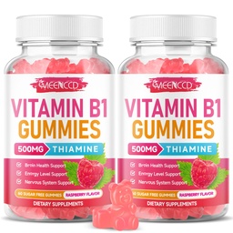 MEENCCD 2 Pack Vitamin B1 Gummies 500mg, Thiamine B1 Supplement Supports Energy Production, B1 Vitamin for Adults & Kids, Sugar-Free, Vegan, Raspberry Flavor, 120 Count