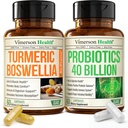 Boswellia Turmeric Curcumin Supplement + 40 Billion CFU Probiotics for Women & Men with Prebiotics Bundle for Joint & Immune Support, Digestive & Gut Health – with Ginger Root, Organic Turmeric Powder