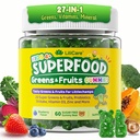 Kids Multivitamin Gummies w/Super Greens, 30 Veggie, Fruit, Iron, Daily Vitamin A C E D3 B12, Zinc, Probiotic, Shiitake, Kids Vitamins for Picky Eater Growth, Immunity, Digestion, Sugar Free, 60Cts