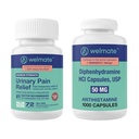 WELMATE UTI Comfort & Restful Night Kit: Urinary Pain Relief Phenazopyridine 99.5mg (72 Ct) & Nighttime Sleep-Aid Diphenhydramine 50mg (1000 Ct)
