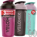 VELOMIX -3 PACK- 14 oz Protein Shaker Bottle for Protein Mixes - 3x Wire Whisk | Leak Proof Shaker Cups for Protein Shakes | Stackable Protein Shaker Bottle Pack | Dishwasher Safe (Mixed Colors)