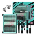 AMZGIRL LASH Midnight Wispy Lash Clusters Kit, 144 pcs DIY Lash Extension Kit Lash Bond and Seal, Lash Glue Remover and Applicator for Individual, Eyelash Clusters Kit (D Curl-Mix 8-16mm Kit)