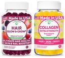 Lunakai USA Made Hair Glow & Grow + Collagen Extra Strength Gummies Bundle – Naturally Flavored, Non-GMO – 60ct Each