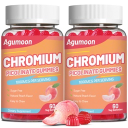 2 Pack Chromium Picolinate Gummies 1000 mcg, Vegan, Gluten-Free, Peach Flavor, 120 Vegan Gummies