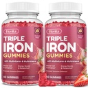 Iron Gummies for Women, Triple Iron Supplement with Multivitamin Iron Gummies with Vitamin C, A, B, Folate, Copper, Zinc for Energy & Blood Support, Immune Health, Vegan, Strawberry Flavor, 120 Counts