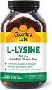 Country Life L-Lysine 500mg με B-6, Υποστηρίζει την Ανοσοποιητική Υγεία, προωθεί την ανανέωση κολλαγόνου σε χείλη και στόμα, 250 κάψουλες Vegan, Certified Gluten Free, Certified Vegan