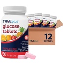 TRUEplus Glucose Tablets, Chewable, Tropical Fruit Flavor, 15g Fast-Acting Carbohydrates, Fat Free, Gluten Free, Boost Energy, 50 Count, 12 Bottles