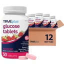 TRUEplus Glucose Tablets, Chewable, Raspberry Flavor, 15g Fast-Acting Carbohydrates, Fat Free, Gluten Free, Boost Energy, 50 Count, 12 Bottles