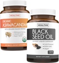 Bundle of Black Seed Oil & Organic Ashwagandha - Renew & Recharge Bundle - Black Seed Oil - 120 κάψουλες μαλακού γέλη (Non-GMO & Vegetarian) και οργανική σκόνη ρίζας Ashwagandha 1350mg εξυπηρετούν (120 δισκία)