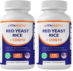 Vitamatic Citrinin-Free Red Yeast Rice 1200 mg. Capsules with CoQ10 100mg, Flush Free Niacin 100mg, & Garlic Powder 20mg - 120 Veg Capsules (Pack of 2)