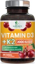 Βιταμίνη D3 K2 2000 IU Plus με K2 (MK-7) 75 mcg - Βιταμίνες D & K Complex Supplement για Οστά, Δόντια, Μυς, Απορρόφηση ασβεστίου, Υποστηρίζει την Ανοσοποιητική & Καρδιακή Υγεία, Μη ΓΤΟ Μασώμενη Φόρμουλα - 180 δισκία