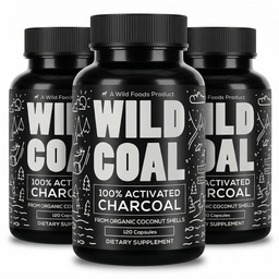 Wild Foods Activated Charcoal Capsules | 100% Organic Coconut Shells Active Tablets | Lab Tested & Non-GMO Detox Pills | USA (Three Bottles - 120 Capsules)