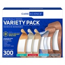 Care Science Variety Adhesive Bandages Pack, Assorted Sizes, 300 Count | Value Assortment of Individually Packaged Bandages. Including Active, All-Purpose, Waterproof & Heavy-Duty Bandages.