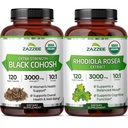 Zazzee Organic Rhodiola Rosea and Organic Black Cohosh Capsules | Rhodiola Plus Black Cohosh for Menopause Hot Flashes Night Sweats & Mood Support | Menopause Support Bundle