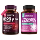 Iron Supplement for Women Men, High Potency Iron 65mg with Vitamin C 250mg + Women's Probiotics, 100 Billion CFU 36 Strains, with Prebiotics & Digestive Enzymes