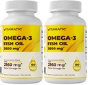 Vitamatic Triple Strength Omega 3 Fish Oil 3600mg Per Serving, 2160mg Omega 3 Fatty Acids, 1296mg EPA + 864mg DHA, Burpless Lemon Flavor, 180 Softgels (Pack of 2)