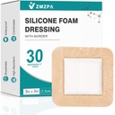 Silicone Foam Dressing 3x3 Gentle Border, Super Absorbent Wound Dressing, Bed Sore Patches, Waterproof Silicone Bandages for Wounds Care, Self Adhesive Pressure Sore Pads (30)