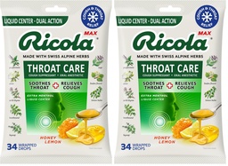 Ricola Max Honey Lemon Throat Care Large Bag | Cough Suppressant Drops | Dual Action Liquid Center | Soothing Long-Lasting Relief - 34 Count (Pack of 2)