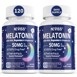 NECISS Μελατονίνη 50 mg για Ενήλικες - Επιπλέον δύναμη 9- σε- 1 Γρήγορη Διάλυση Υπογλώσσια - Υψηλή δόση με γλυκινικό μαγνήσιο, βιταμίνη D3, Ashwagandha, Lemon Balm, Χαμομήλι, Χωρίς ζάχαρη, Vegan 120 δισκία