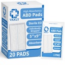 Vakly Sterile Abdominal ABD Combine Pads 5x9, High Absorbency Gauze, 20 Pk | Non-adherent, wound dressing, first aid pads, surgical pads, post op care, trauma pads, individually wrapped, heavy drainage