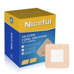 Niceful Silicone Foam Dressing Gentle Border 2"x2" 20 Count, Extra Hold | Gentle Border Foam Bandage, 5-Layer Absorption, Waterproof Pain-Free Removal, Cuts & Mild Burns, 20 Individually Wrapped