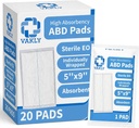 Vakly Sterile Abdominal ABD Combine Pads 5x9, High Absorbency Gauze, 100 Pk | Non-adherent, wound dressing, first aid pads, surgical pads, post op care, trauma pads, individually wrapped, heavy drainage