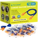 TICONN 12 Pairs Reusable Silicone Ear Plugs for Sleeping Noise Cancelling, Individually Wrapped 25dB NRR Corded Earplugs for Study Concentration Travel (12 Pairs)