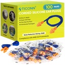 TICONN 100 Pairs Corded Silicone Ear Plugs for Noise Reduction, 25 dB NRR | Reusable & Washable Earplugs, Soft Hypoallergenic Silicone, Stay-In-Place Fit, Individually Wrapped, Study & Sleep Use