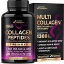 Multi Collagen Peptides - Hydrolyzed Types I, II, III, V & X - Συμπλήρωμα κολλαγόνου για γυναίκες 1300mg - w/ Hyaluronic Acid, Vitamins C & E - Δέρμα, μαλλιά, νύχια & κοινή υποστήριξη - Κατασκευασμένο στις ΗΠΑ, 120 κάψουλες
