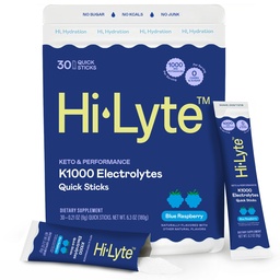Hi-Lyte K1000 Blue Raspberry Electrolytes Powder Packets, 30 Servings - 1000mg Potassium + Magnesium, Sodium, Trace Minerals - 0 Carbs, 0 Sugar