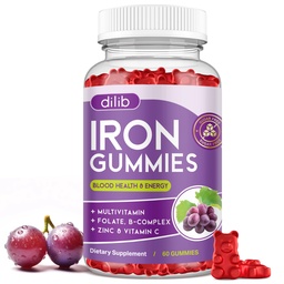 Iron Gummies with Multivitamin, Iron Supplement for Women & Men with Zinc, Vitamin B Complex & C, B12, Folate - Blood Builder & Energy Support for Adults & Kids - Grape Flavor, Vegan 60 Gummies