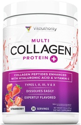 Multi Collagen Peptides σε σκόνη για γυναίκες - Hydrolyzed Flavored Collagen σε σκόνη για γυναίκες με τύπους I II III V & X Βιταμίνη C & Υαλουρονικό οξύ για δέρμα μαλλιών και νύχια (Strawberry) - 30 Σερβιέτες