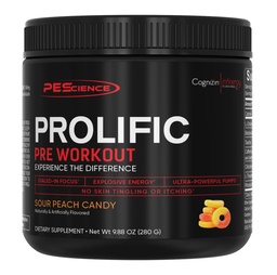PEScience Prolific Preworkout Powder for Men & Women with L-Citrulline Nitric Oxide Booster, Energy Powder & Nootropic for Focus – Preworkout Without Beta Alanine – 40 Scoops, Sour Peach Candy