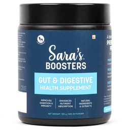 Sara's Boosters Gut & Digestive Health Dog Supplement - 100 gm| Supports Healthy Digestion, Immunity & Gut Flora | Prebiotics & Probiotics Blend | All Life Stages | All Breeds