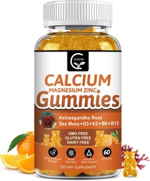 1200mg Ασβέστιο Gummies με βιταμίνη D3,K2,B12 & B6 - Συμπλέγματος ασβεστίου φυτών Συμπλέγματος με γλυκινικό,Potassium,Sea Moss,Ashwagandha Root for Bone & Teeth Strength, Mus & Immune