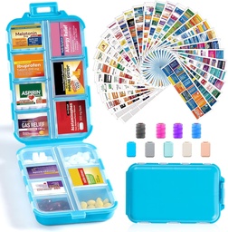 14 Grids Travel Pill Organizer Box με 415-PCs Medicine Name Labels - Pocket Daily Pharmacy Case Container Kit - Travel Medication Holder Dispenser for Fish Oil Vitamin Supplement Storage - Blue