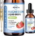 Triple Magnesium Complex Liquid Drops, 1300mg Μαγνήσιο Γλυκινικό, Ταυρικό & Κιτρικό με Ω3, L-Θεανίνη, Ashwagandha, Κάλιο, D3, B6, B12 για την ηρεμία, τον ύπνο, τους μυς, τη γεύση φράουλας, 2 FL OZ