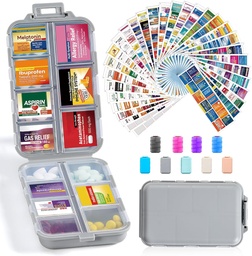 14 Grids Travel Pill Organizer Box με 415-Pcs Medicine Name Labels - Pocket Daily Pharmacy Case Container - Travel Medication Holder Dispenser Kit για Fish Oil Vitamin Supplement Storage - Γκρι
