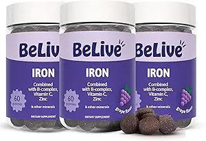 Belive Iron Gummies - Multivitamin Iron Supplement with Vitamin C, A, B & Zinc, Υποστηρίζει οξυγόνο αίματος, Vegan Συμπληρώματα για γυναίκες, άνδρες και παιδιά για την ανάπτυξη και την ανάπτυξη - Grape Flavor 