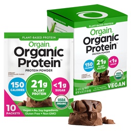 Orgain Organic Vegan Protein Powder, Creamy Chocolate Fudge - 21g Πρωτεΐνες φυτών, 6g Προβιοτικές Ίνες, Χαμηλή Καρβίδα, Χωρίς Συστατικά Λακτόζης, Χωρίς Προστιθέμενη Ζάχαρη, Μη ΓΤΟ, Για Ανακινήσεις & Smoothies, 10 ταξιδιωτικές συσκευασίες