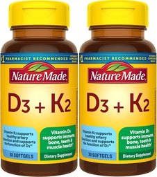 Nature Made Vitamin D3 K2, 5000 IU (125 mcg) Βιταμίνη D, Συμπλήρωμα διατροφής για τα οστά, τα δόντια, τους μυς και το ανοσοποιητικό Υγεία Υποστήριξη, 30 Softgels, 30 Ημέρα προσφοράς - Συσκευασία των 2