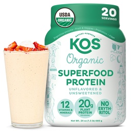 KOS Vegan Protein Powder, Unflavored & Uncoweed - Χαμηλό μείγμα πρωτεΐνης αρακάς, οργανικά Superfood πλούσια σε βιταμίνες & ορυκτά - Κέτο, σόγια, χωρίς γαλακτοκομικά - Αντικατάσταση γεύματος για γυναίκες & άνδρες - 20 Σερβιέτες