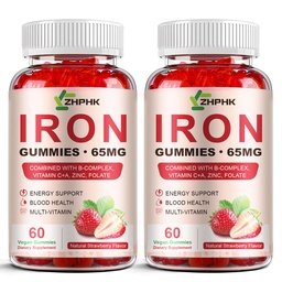 Συμπληρώματα σιδήρου Gummies για γυναίκες, άνδρες & παιδιά, 65mg σιδήρου & 250mg βιταμίνης C ανά υπηρεσία - Υγιεινό αίμα, ενέργεια & ανοσοποιητική υποστήριξη σιδήρου Gummy βιταμίνη με φολικό, 2 συσκευασία