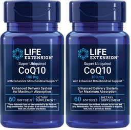 Life Extension Super Ubiquinol CoQ10 με ενισχυμένη Μιτοχονδριακή Υποστήριξη, Ισχυρή Καρδιά Υγεία & Κυτταρική Ενέργεια Υποστήριξη Παραγωγής, Ultra-απορροφήσιμη,Gluten-free,Non-GMO, 100 mg, 60 softgels (πακέτο των 2)
