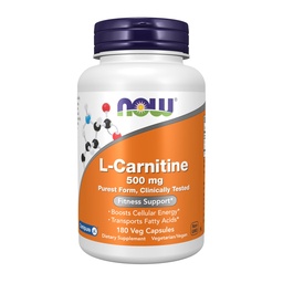 NOW Συμπληρώματα τροφίμων, L-καρνιτίνη 500mg, Puest Form, Amino Acid, Fitness Support*, 180 κάψουλες Veg
